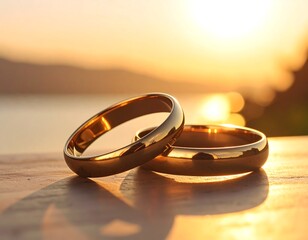 Two gold wedding bands at sunset