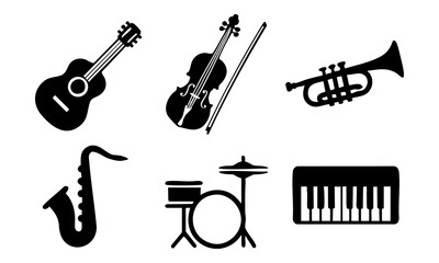 Musical Instruments Flat Vector Icon Set &ndash; Guitar, Violin, Drums, Piano