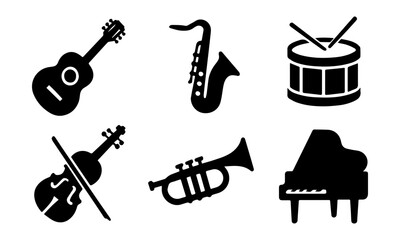 Musical Instruments Flat Vector Icon Set &ndash; Guitar, Violin, Drums, Piano