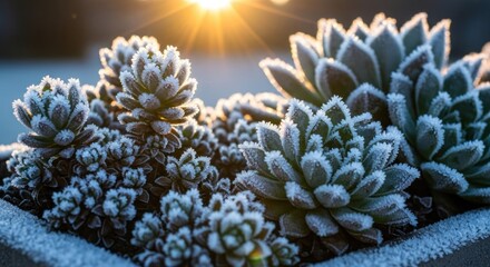 Fototapeta premium Frosted succulents bathe in warm sunlight, creating contrast and detail