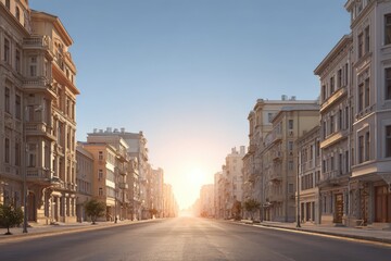 Obraz premium Empty street of a big city with morning light, calm urban landscape. 