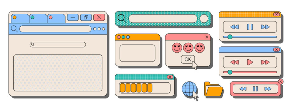 Colorful retro ui interface elements with browser windows, media players and pop ups for nostalgic web design. Search bars and buttons, sliders and folder icon for vintage digital applications.