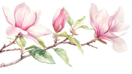 Obraz premium 28.A vibrant watercolor vector illustration of blooming pink magnolia flowers on a tree branch. The soft, light pink petals contrast beautifully with the rich green leaves, creating a fresh and