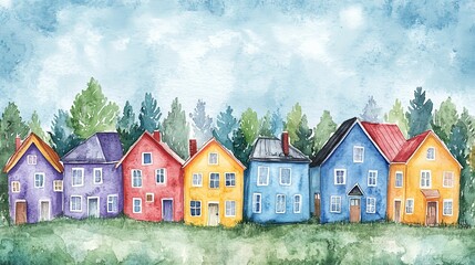 83.A watercolor postcard design featuring a row of colorful northern houses against a calming natural background. The houses are painted with vivid colors, offering a joyful, energetic design, ideal