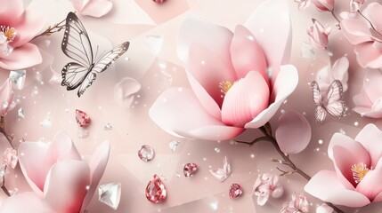 24.A whimsical 3D design with soft pink magnolia flowers, geometric patterns, butterflies, and sparkling gems. The overall composition balances modern elegance with natural beauty, creating a