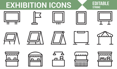 Outline style exhibition elements including stands, signage, tents, and kiosks