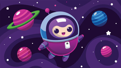 Fun cartoon astronaut exploring space with colorful planets and stars in a whimsical cosmic background