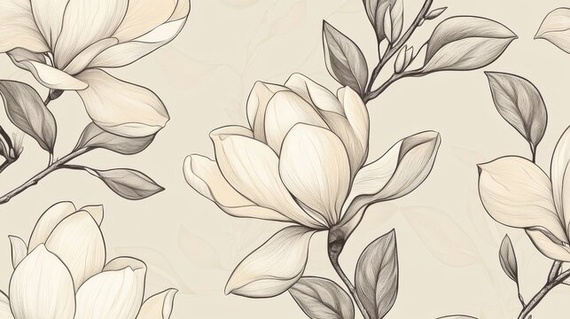 39.An abstract seamless pattern of magnolia flowers and leaves, drawn with a fine, hand-crafted style. The design combines delicate floral outlines with soft curves and smooth lines, creating a