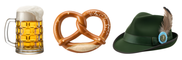 Oktoberfest celebration featuring a beer mug overflowing with foam a traditional bavarian pretzel and a green tyrolean hat