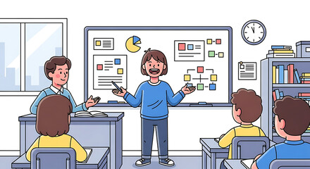 Confident young student presenting a school project on a whiteboard to the teacher and classmates in a lively classroom setting