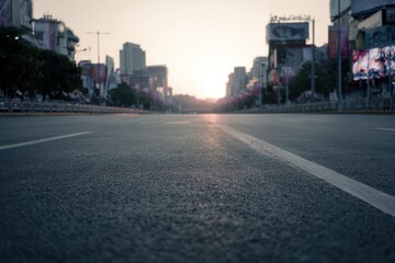Obraz premium Empty street of a big city with morning light, calm urban landscape. 