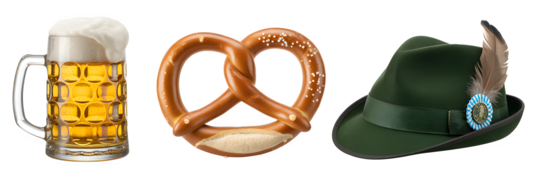 Oktoberfest celebration featuring a beer mug overflowing with foam a traditional bavarian pretzel and a green tyrolean hat - Powered by Adobe