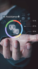A person shows a holographic AI assistant with a chat icon and data graphs on their hand, illustrating futuristic technology for business analysis and interactive command prompts.