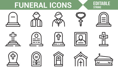 Editable thin stroke icons of mourning, remembrance, and burial traditions