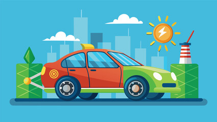 Vibrant electric car in a modern cityscape showcasing green energy initiatives and urban innovation