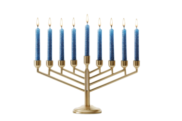 Brass menorah design featuring minimalist slim arms and removable blue-wax candles, crafted with clean lines, isolated on transparent background.
