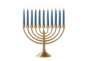 Brass menorah design featuring minimalist slim arms and removable blue-wax candles, crafted with clean lines, isolated on transparent background.
