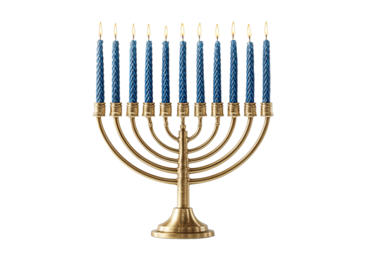 Brass menorah design featuring minimalist slim arms and removable blue-wax candles, crafted with clean lines, isolated on transparent background.

