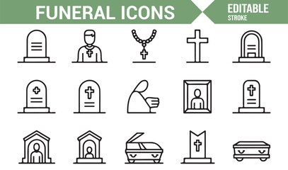 Editable outline icons of death and remembrance for religion, burial, and grief themes
