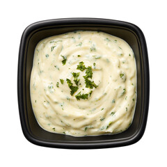 top view of tartar sauce in black square bowl