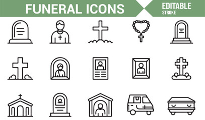 Editable stroke funeral icons set with memorial symbols, graves, and religious elements