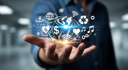 Hand holding digital social media icons global network concept