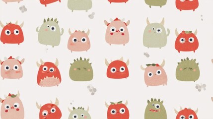 Obraz premium kawaii monster friends Cute Cartoon Monster Characters with Big Eyes and Varied Expressions in a Playful Pattern a kawaii monster friends seamless pattern