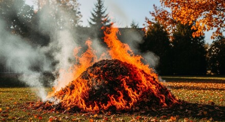 Autumn leaves burning in scenic fall landscape with vibrant foliage and smoke rising