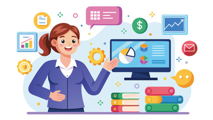 Fototapeta premium Professional woman presenting digital analytics in a modern office environment with charts and data visuals