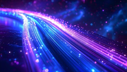 Abstract image of glowing fiber optic cables in blue and purple hues. The tangled lines symbolize high-speed data transfer and global digital network connectivity