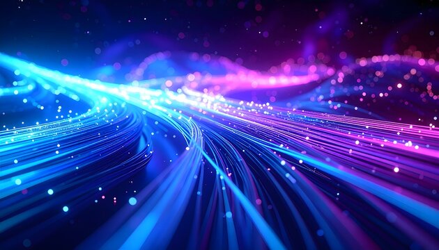 Abstract image of glowing fiber optic cables in blue and purple hues. The tangled lines symbolize high-speed data transfer and global digital network connectivity