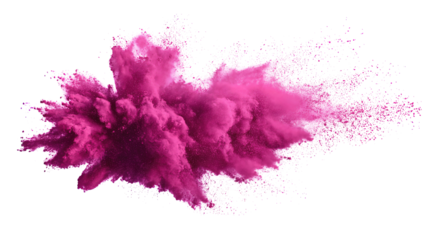 Exploding plume of fine magenta dust creating a flowing gradient effect, isolated on transparent background.
