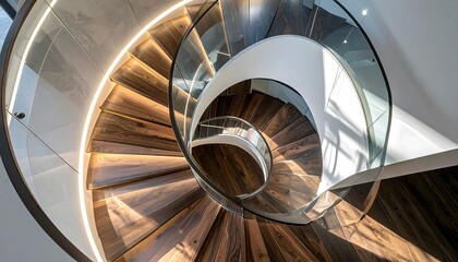 Architectural detail of a spiral staircase with transparent glass and polished wooden steps. The elegant, curved form creates a mesmerizing pattern leading upward