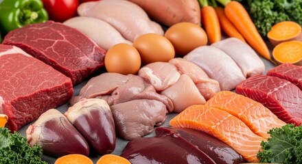 Assorted raw meat and vegetables displayed with eggs and fresh kale for culinary inspiration and meal preparation