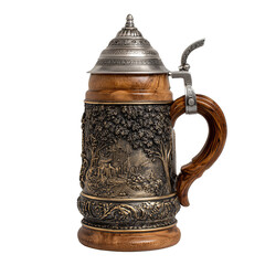 Antique-style beer stein in oxidized bronze with detailed hunting relief and half-open pewter lid, isolated on transparent background.
