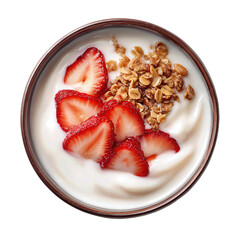 A top-down view of a yogurt bowl with strawberry slices and granola on one side, glossy ceramic finish, isolated on transparent background.
