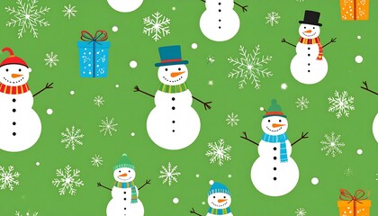 Festive Christmas pattern with snowmen, gifts, and snowflakes on a vibrant green background