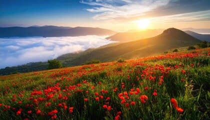 Red Poppy Field on a Mountain Mesa at Sunrise