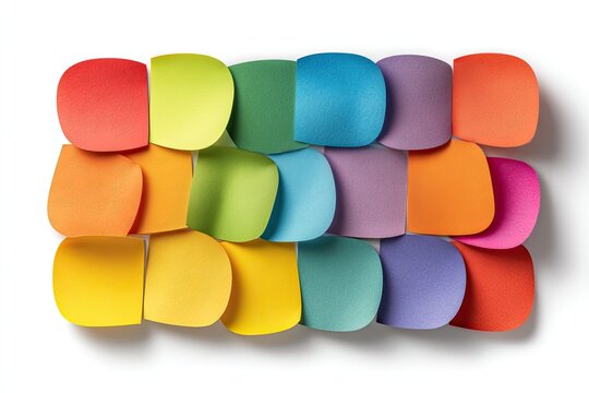 A vibrant array of rounded, multicolored paper notes arranged in a staggered grid pattern against a stark white background, casting subtle shadows - Powered by Adobe