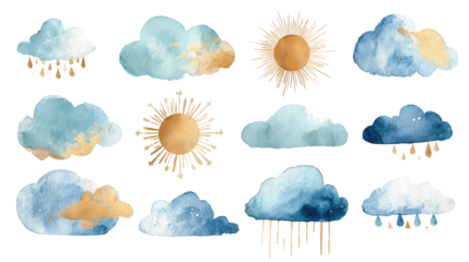 Collection of small watercolor cloudlets featuring warm gold accents and soft blues, each with unique weather elements, isolated on transparent background.
