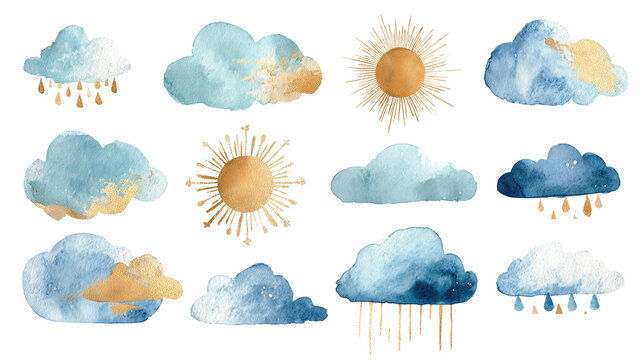 Collection of small watercolor cloudlets featuring warm gold accents and soft blues, each with unique weather elements, isolated on transparent background.
