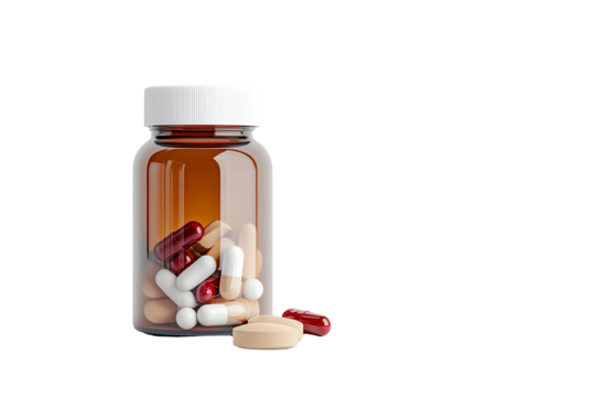 A transparent bottle filled with assorted capsules and tablets on a white background.