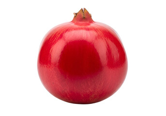 A vibrant, glossy pomegranate, intensely red in color, is presented against a stark black background, highlighting its smooth texture and perfect spherical form.