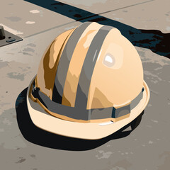 Safety Hard Hat on Construction Site Ground, Protective Gear for Engineering Workers.