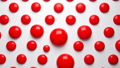 Symmetrical arrangement of vibrant red spheres against a stark white background, creating a visually dynamic pattern