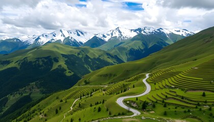 Aerial view of a winding road traversing lush green hills towards snow-capped mountain peaks under a cloudy sky.