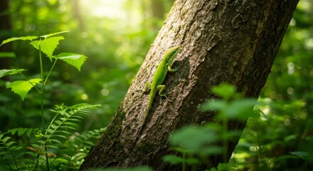 Obraz premium Vibrant green lizard on forest tree trunk in sunlit woodland environment for nature and wildlife exploration