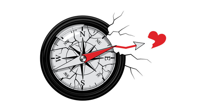 Cracked compass with heart concept symbolizing broken direction and searching love