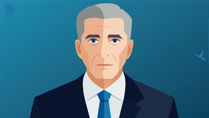 Portrait of a serious businessman with gray hair and blue eyes in a suit against a blue background