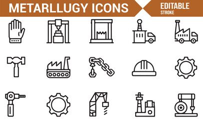Outline icons of metallurgy equipment with hammer, furnace, crane, and industry tools
